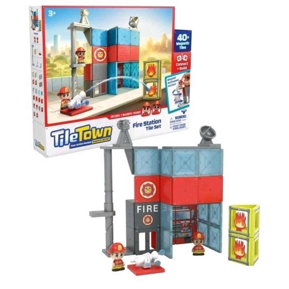 Tile Town Fire Station Magnetic Tiles Playset w/ 2 Figures - Building